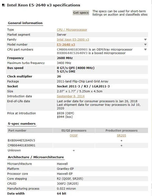 Intel Ксеон E5 2640 V3 процессор SR205 2,6 ГГц 8 ядро 90 Вт Разъем LGA 2011-3 Процессор E5 2640V3 Процессор