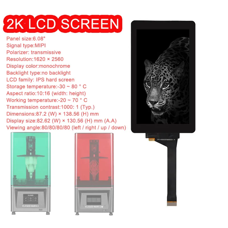 

Resolution 1620x2560 DXQ608-X04 For Elegoo Mars 2 Pro/Voxelab Proxima 6 Inch 2K Mono LCD Screen Black and White Display Panel
