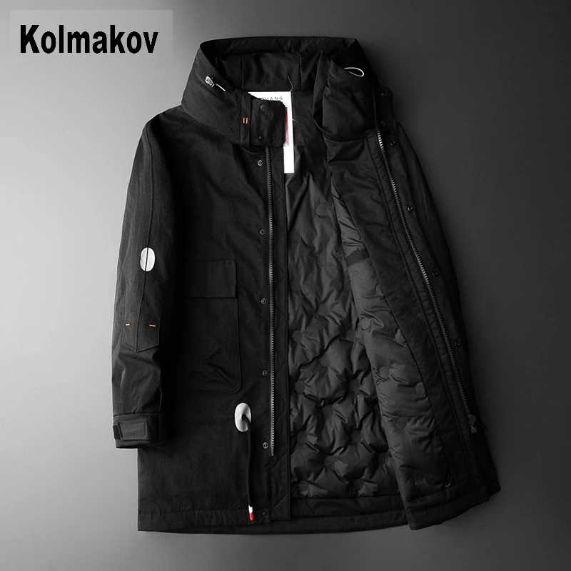 Мужская куртка с капюшоном из 0% белого утиного пуха длинное Мужское пальто