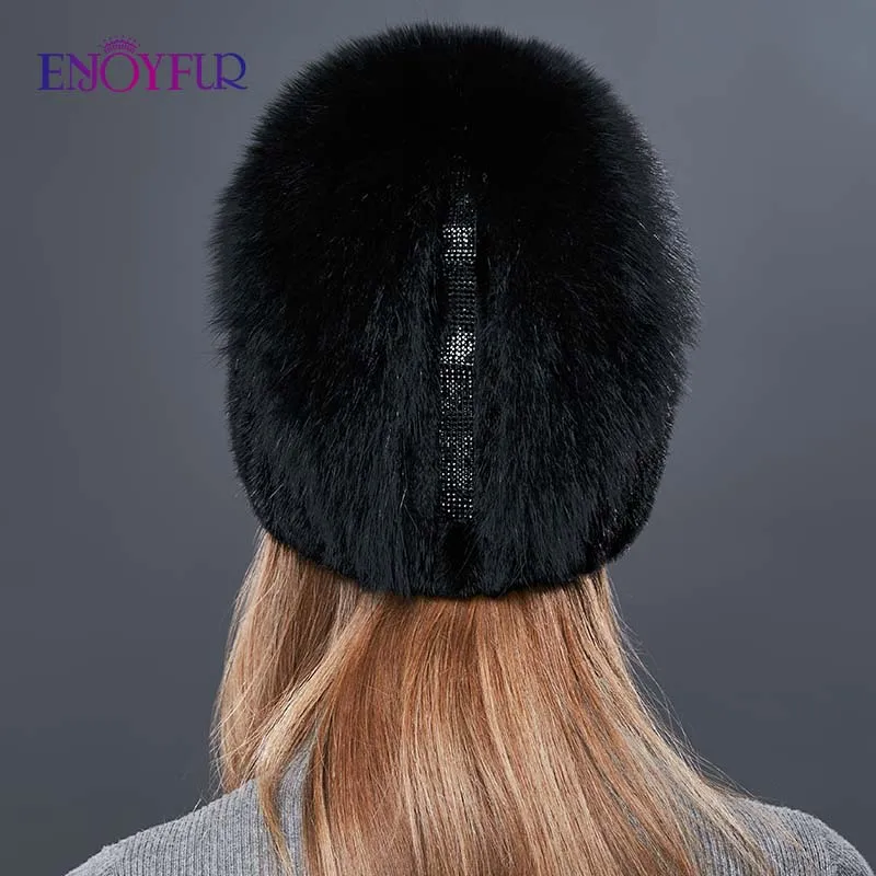 ENJOYFUR, натуральный Лисий мех, шапка для женщин, натуральный мех норки, женские зимние шапки, вертикальные Стразы, высокое качество, шапочки, модные шапки