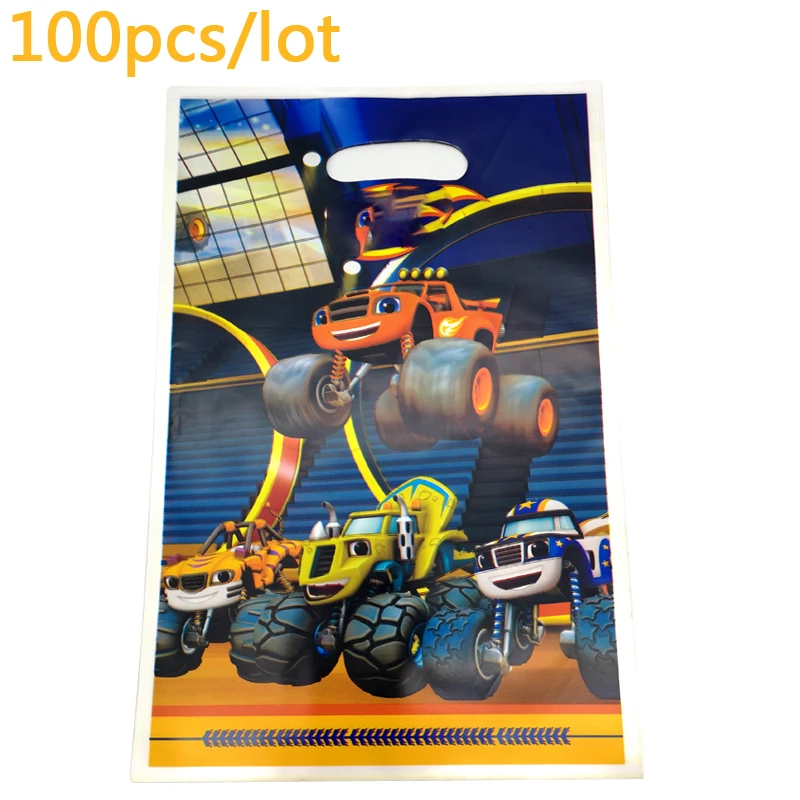 

100pcs Happy Baby Shower Party Kids Boys Favors Blaze Monster Machines Theme Plastic Loot Bags Birthday Decoration Gifts Bags