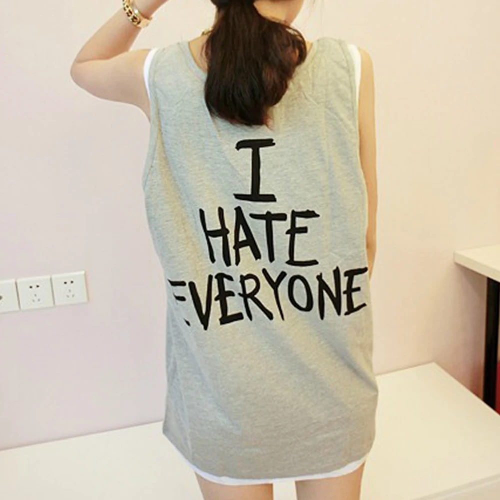 Hot I HATE EVERYONE Letter Printed Solid Color Vest Sleeveless O Neck Tank Top Sexy Femme For Women | Женская одежда