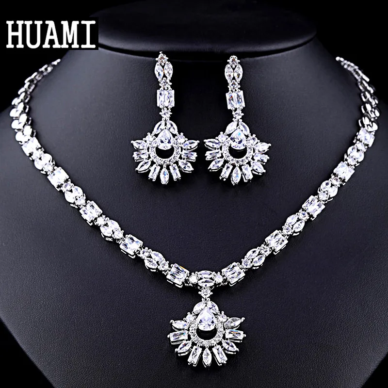 

HUAMI Big Sunflower Jewelry Sets for Women Drop Earrings and Pendant Necklace Thick Chian Exaggeration Bridesmaid Dress Women