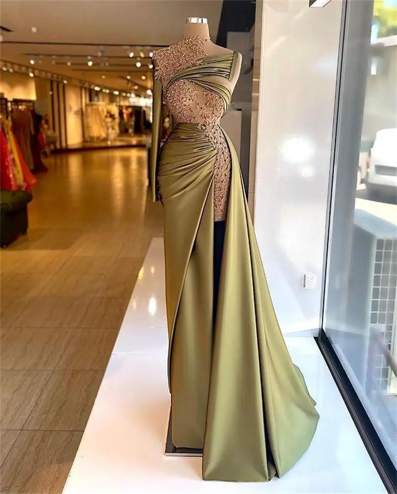 

Платье на одно плечо с длинным рукавом для выпускного вечера с бусинами и разрезом сбоку кружевные Официальные Вечерние платья с аппликаци...