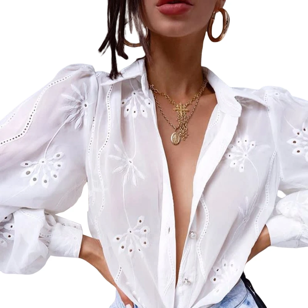 

Блузка женская с V-образным вырезом, Модная элегантная офисная рубашка с пышными длинными рукавами, Повседневная Блузка на пуговицах, с цвет...