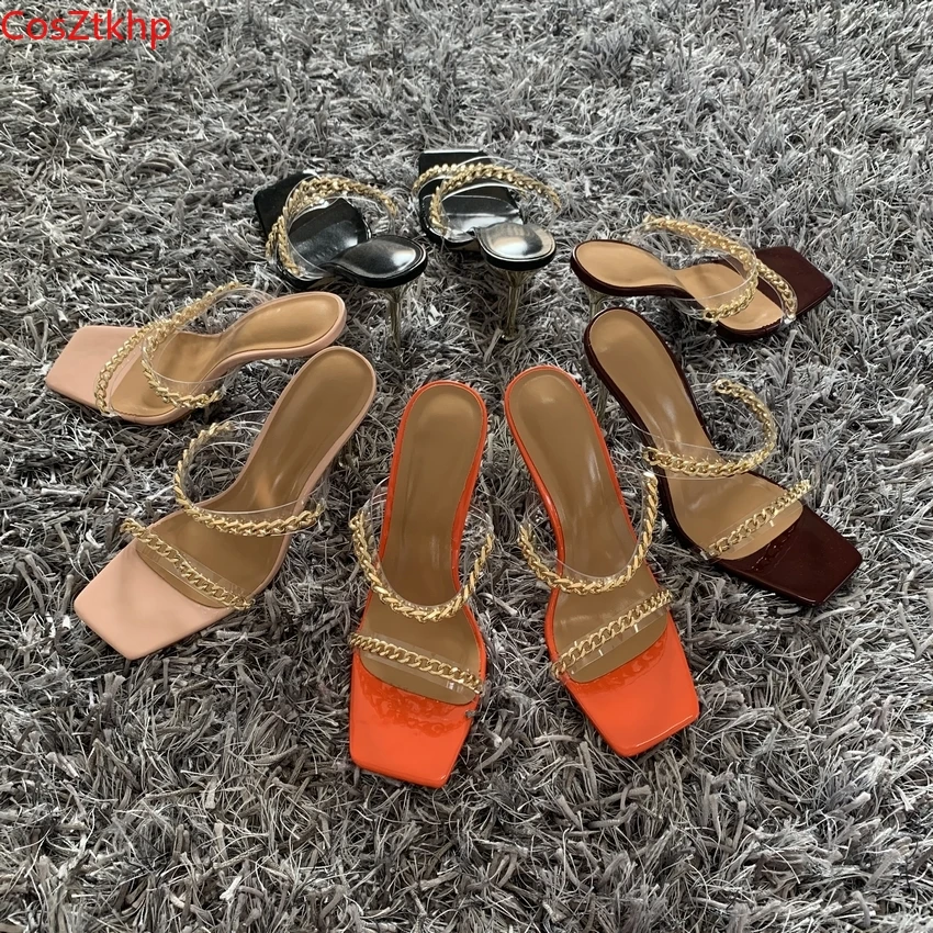 

Summer Women Sandals Square Toe Ladies Heel Mules Clear PVC Transparent High Heels Slippers Female Fashion Chain Shoes Woman