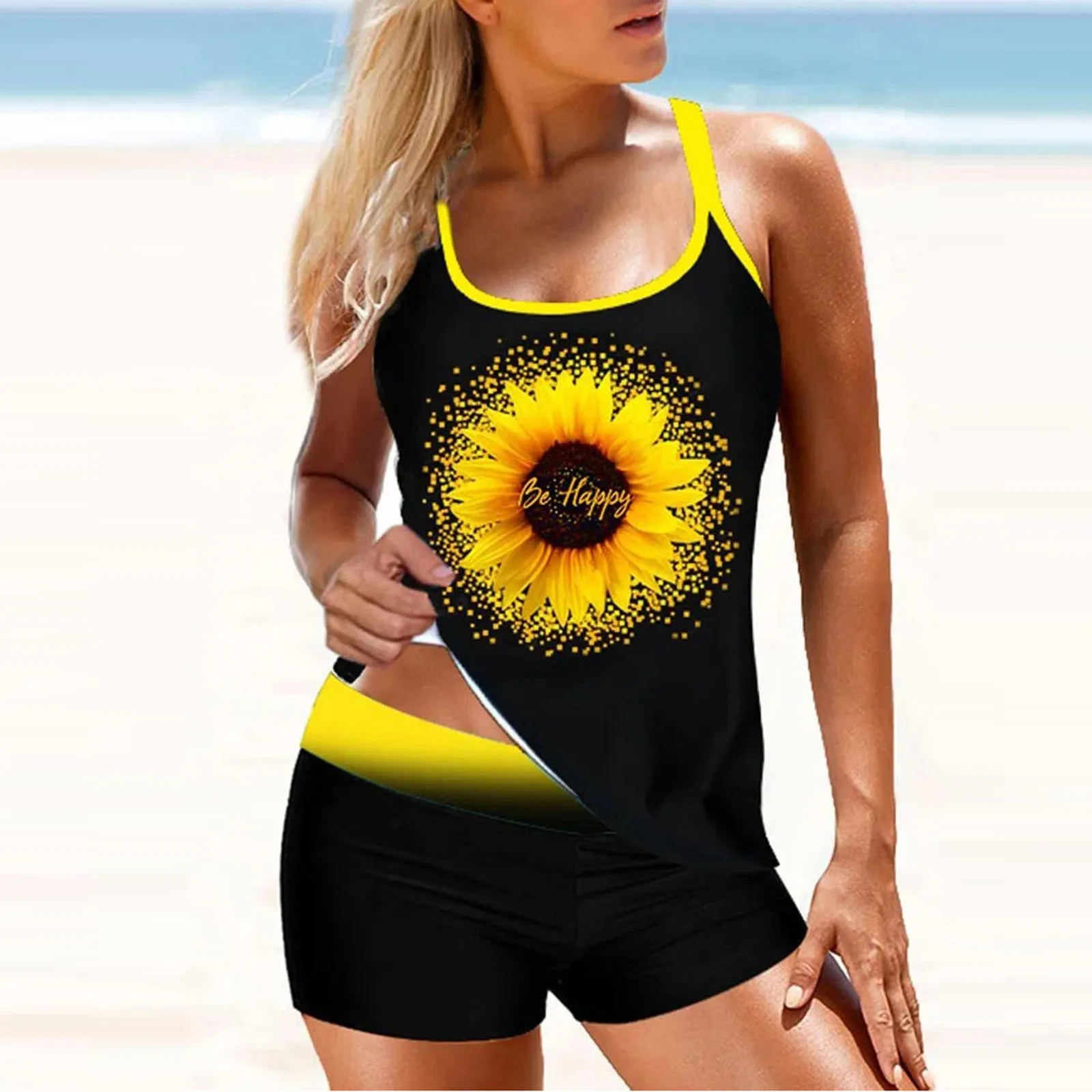 

swimsuit women swimwear Plus Size bathing suit sunflower Print Strappy Back Tankini Set Two Piece Swimdress кђпалник женский