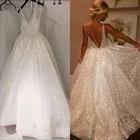 Блестящие Свадебные платья-трапеции из тюля, женские свадебные платья невесты с открытой спиной и V-образным вырезом, на заказ, 2021