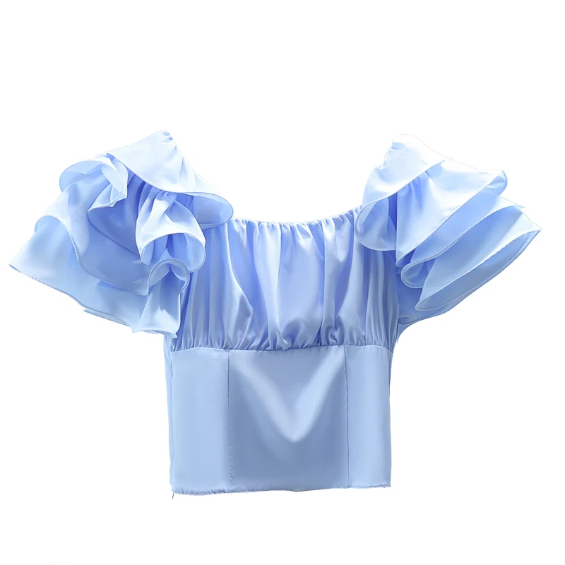 

Strapless High Waist Shirt 2021 Summer Women Slimming Blouses Flounce Short Sleeve Solid Color Casual Shirts Blouse Femme Blusas