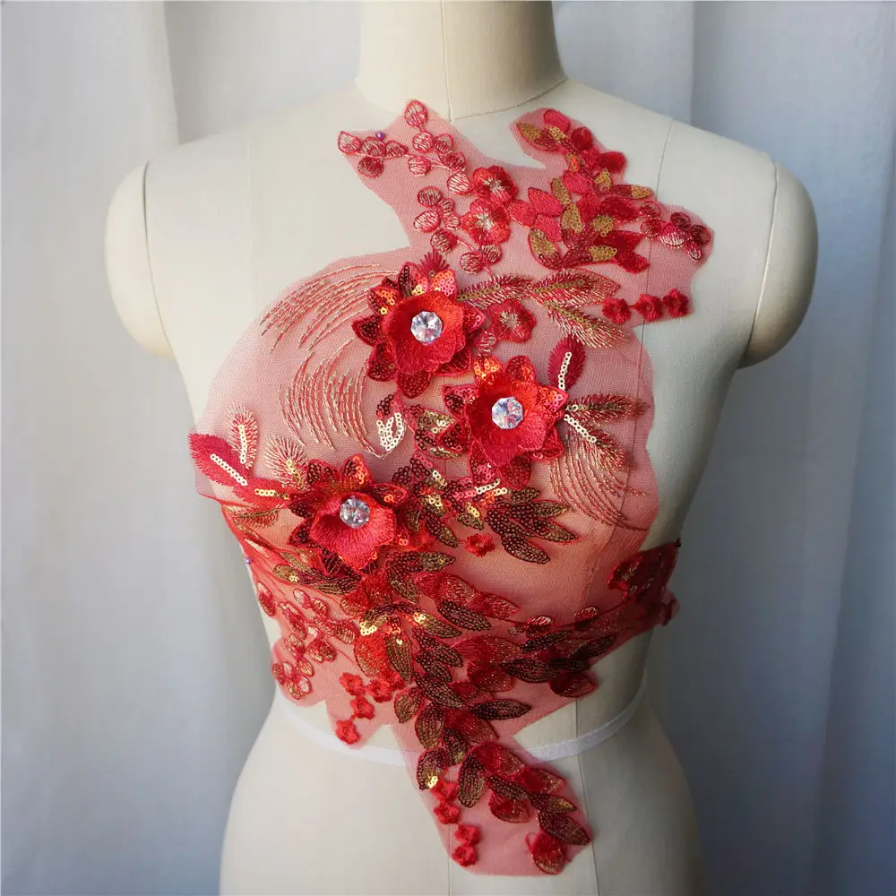 Красная кружевная ткань с 3D цветами вышитая золотыми блестками аппликация для