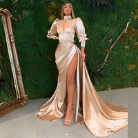 chenxiao luxury champagne evening dresses high neck puffy 34 sleeve mermaid sexy high slit cut out no decoration dubai gowns