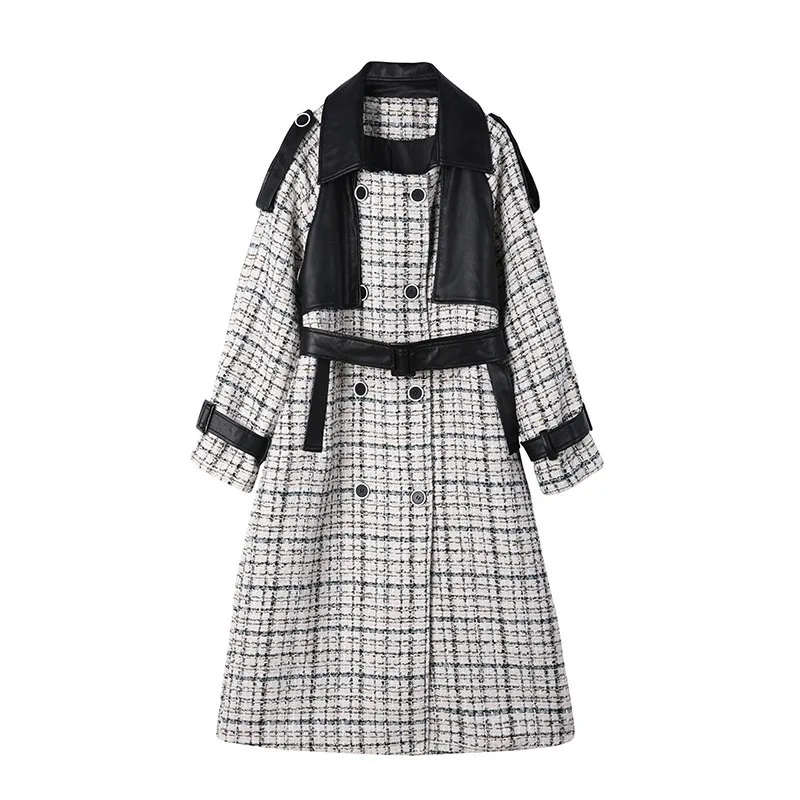

Autumn Winter Women Plaid Long Trench Double Breasted Belted Loose Fit Office Lady Coat Pu Leather Spliced Windbreaker Overcoat