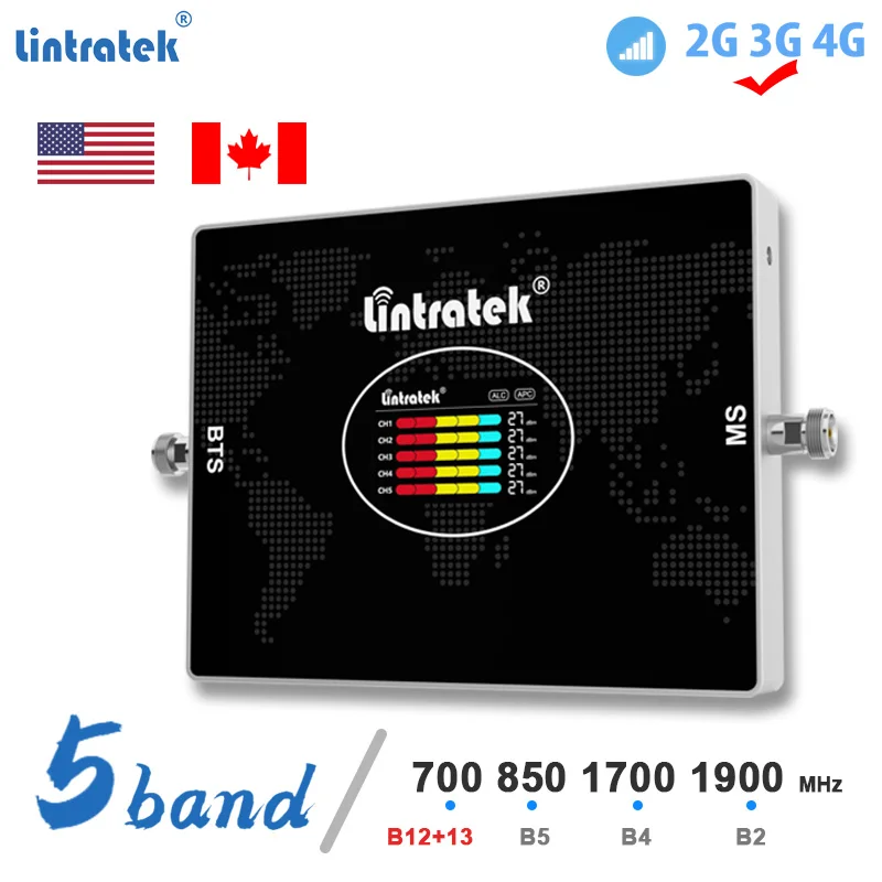 Lintratek 5-Band Cell Phone Signal Booster 4G 3G 2G Repeater Band12/13 700 Band5 850 Band4 1700 Band2 1900 Cellular Amplifier