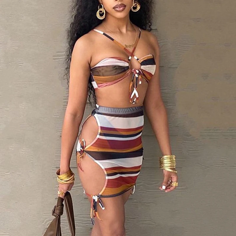 

Women See Through Mesh Two Pieces Sets Stripe Hollow Out Holiday Beach Matching Sets Party Club Outfits 2pcs Suit Summer Yuqung