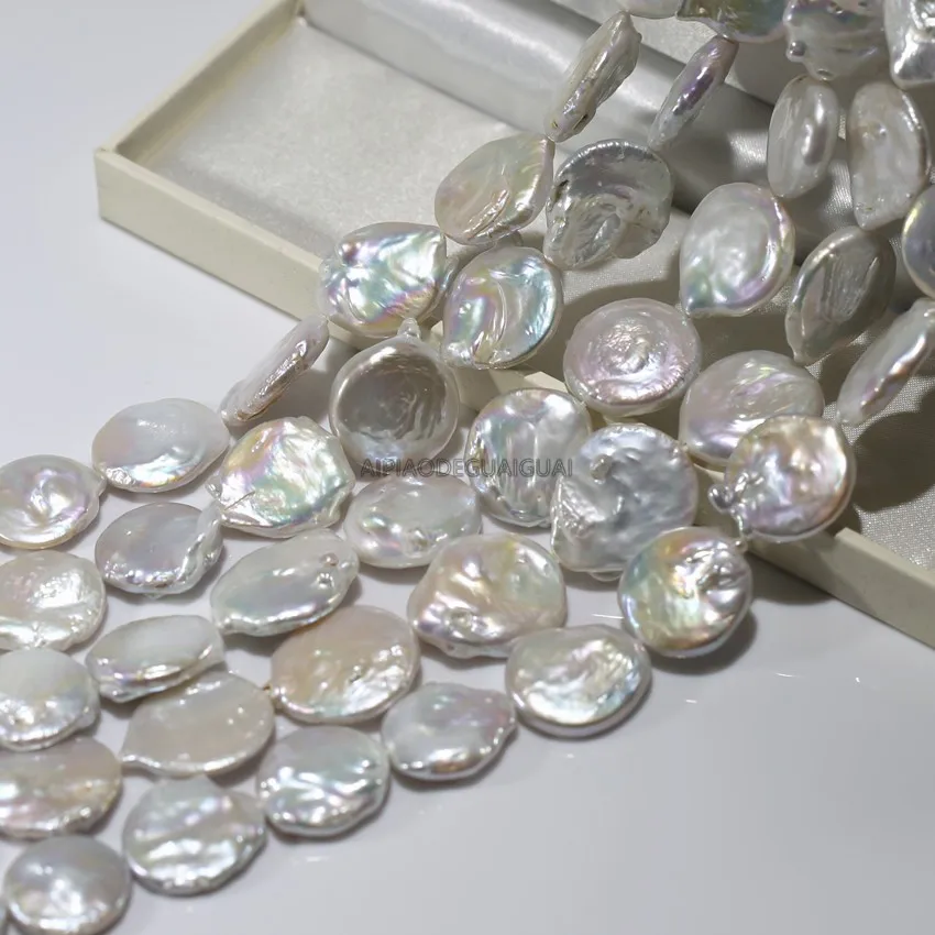 

APDGG Natural big size 16mm AA coin genuine white pearl strands loose beads women lady jewelry DIY