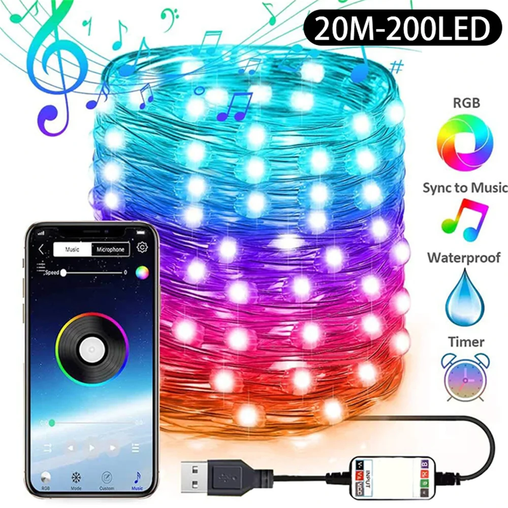 LED String Lights USB Bluetooth App Control Lamp Waterproof Outdoor Fairy for New Year Christmas Tree Decor | Освещение