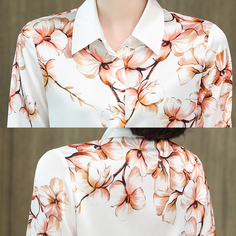 

2021 Summer Fashion High Quality Mulberry Silk Printed Woman Casual Blouses Ladies Elegant Turn Down Collar Shirt Factory Supply