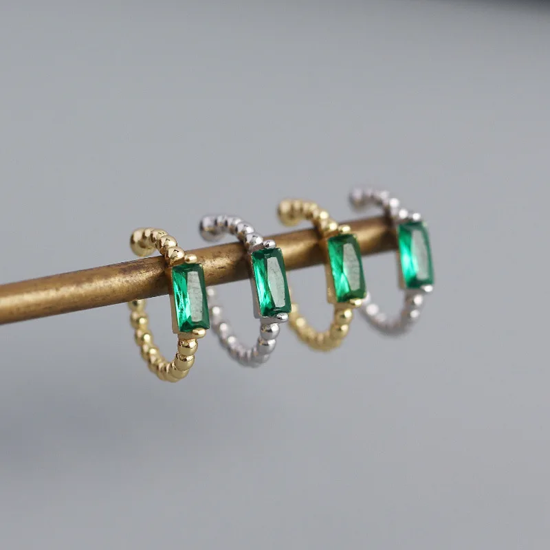 

New Hot S925 Sterling Silver INS Best-Selling Round Bead Emerald Baguette Zircon Earpiece With Earbone Clip Without Earhole