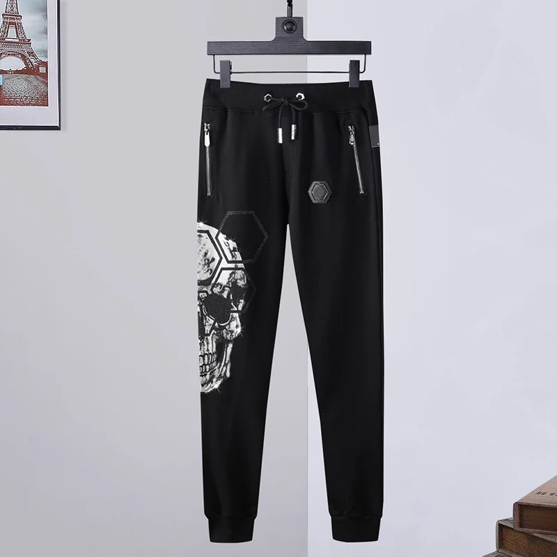 

2022 sports pants men's side skull hot drill PP European and American fashion trend spring and autumn slim fit pants new plein