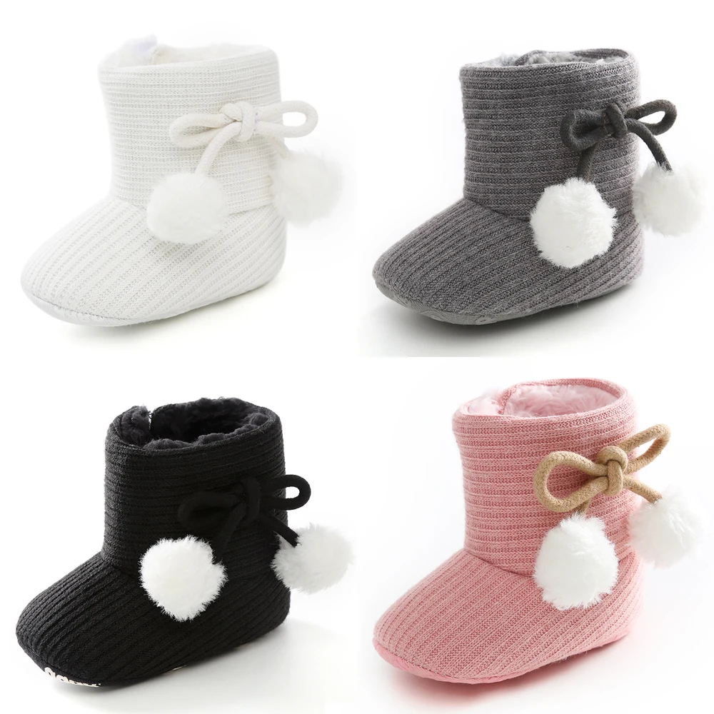 

0-18M Baby Girl Boots Warm Shoes Fashion Girls Solid Fuzzy Balls Anti-slip First Walkers Winter Boys Toddler
