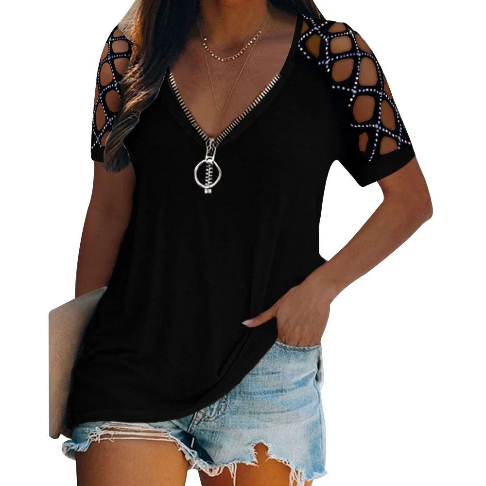 

Women's Cold Shoulder Hot Drilling Casual Tops Sexy Zipper V Neck Hollow Out Short Sleeve T Shirt Solid Color Summer Tee D30