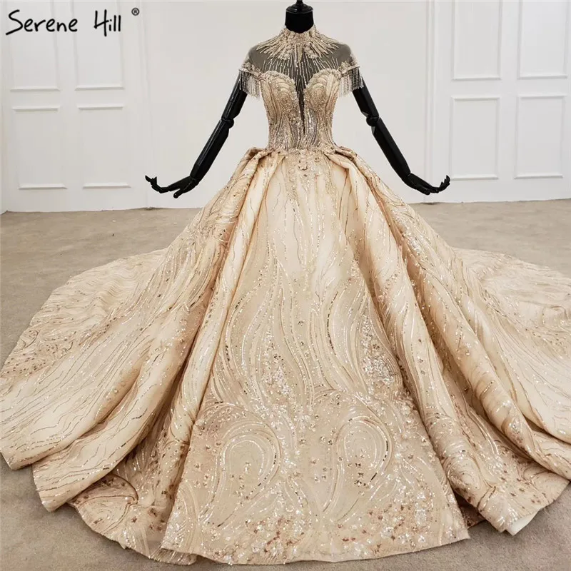 Дубай роскошные золотые свадебные платья с высоким воротом 2021 блестки Beaidng