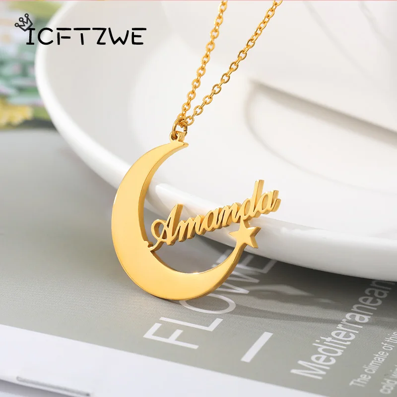 

Personalized Custom English Name Necklace Female Creative Stainless Steel Moon Star Name Necklace Pendant Choker Jewelry BFF
