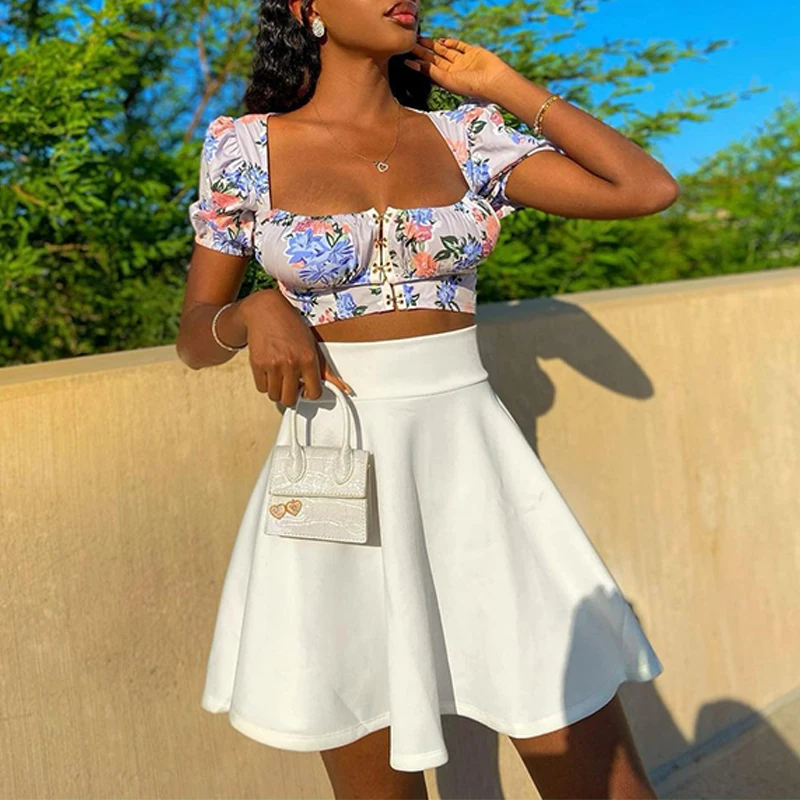 

Women Two Piece Outfits Floral Print Short Sleeve Crop Top & High Waist Mini Skirt Matching Sets