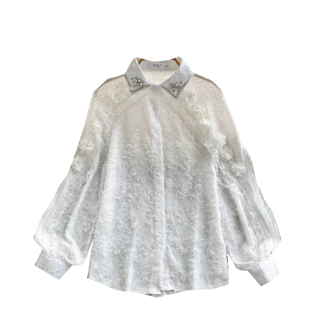 SINGREINY Новая Женская французская блузка с бисером и отложным воротником сетчатая