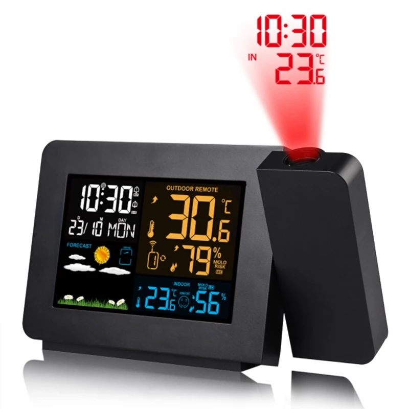 

Digital Alarm Clock Weather Station LED Temperature Humidity Weather Forecast Snooze Table Clock with Projection EU Plug