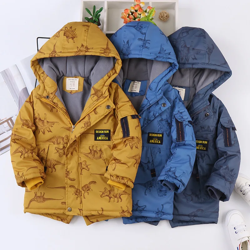 

Winter Warm Velvet Dinosaur Print Baby Girls Boys Snow Jackets Cotton Child Long Coat Children Outerwear Kids Outfits 4-14 Years