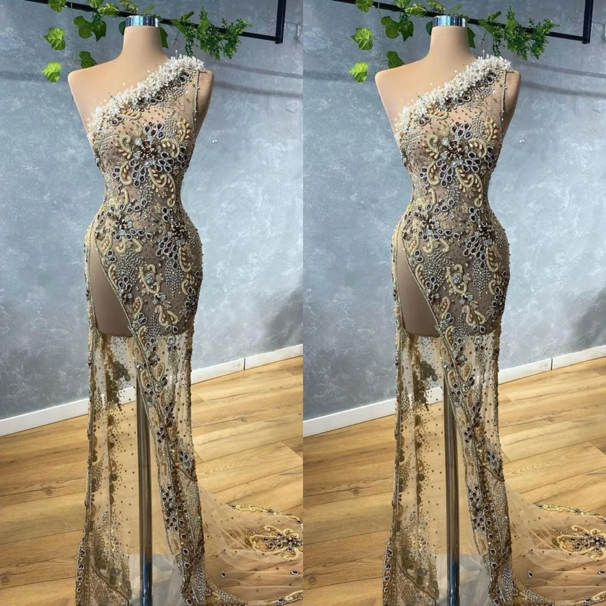 

Heavy Handmade Appliques Straight Evening Dresses Sexy Beading Rhinestone Prom Gowns Illusion High Split Formal Robe de mariée
