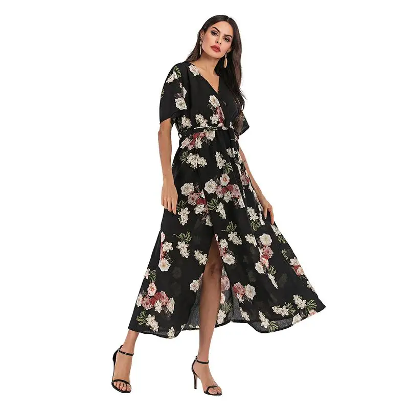 

Women Summer Floral Print Maxi Sashes Dress Short Sleeve For 2020 New Bohemian Sexy V-Neck Thigh Split Long Maxi Dress Vestidos