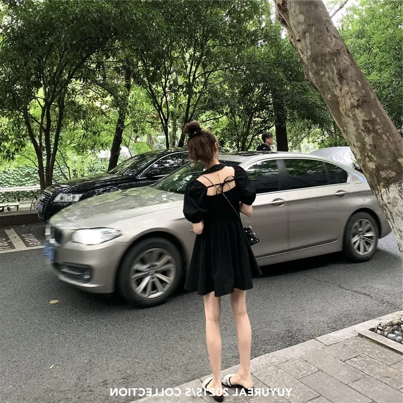 

2021 long short French Black gathered waist dress
