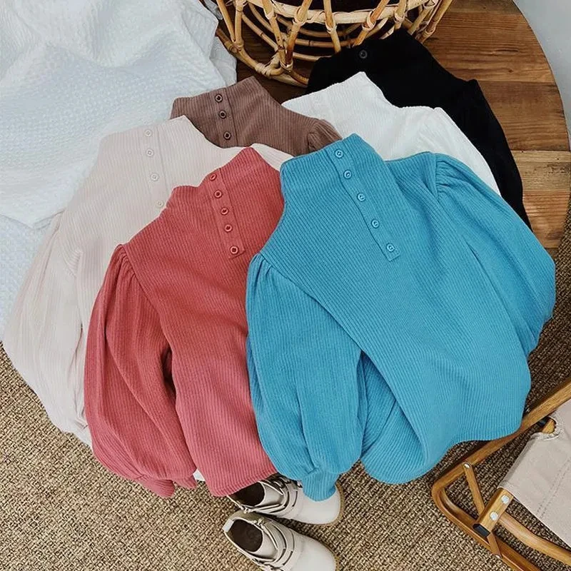 

Children's T-shirts Spring and Autumn New Style Little Girls Solid Color Turtleneck Base Shirt Girls Puff Sleeve Winter Tops