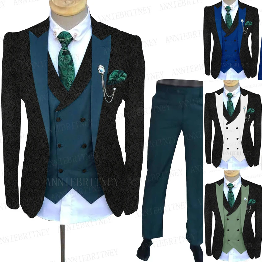 2021 Brand Jacquard Black Suit Men Navy Blue Vest Pants 3 pieces Custom Made Business Tuxedo Fashion Groom Dinner Wedding Suits