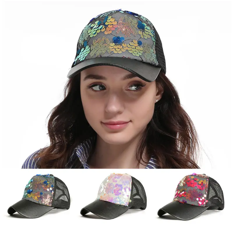 

Women Baseball Cap Sequin Mesh Adjustable Breathable Sun Hat for Summer JL