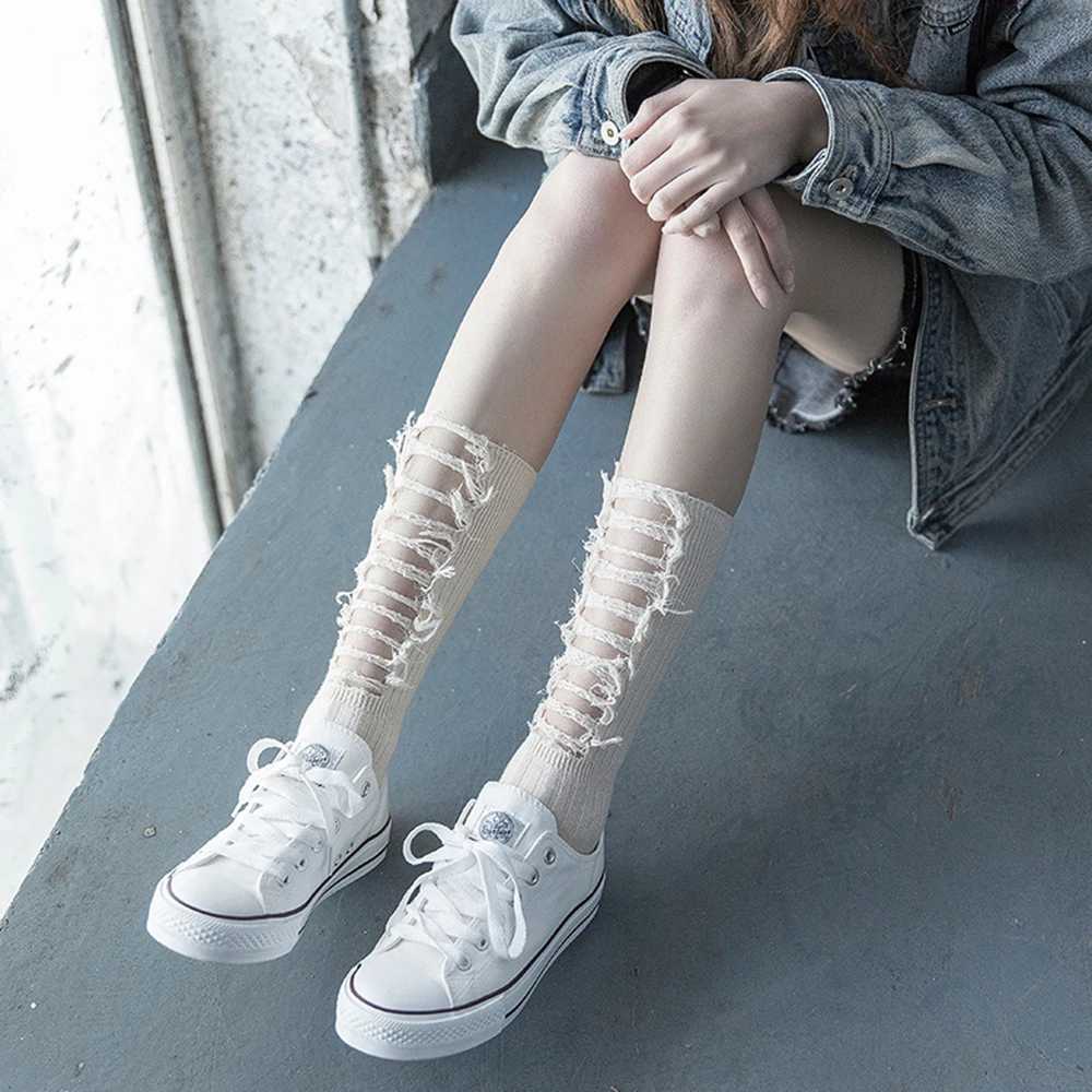 

1Pair Ripped Socks Gothic Raw Hem Ribbed Female Broken Destroyed Socks Street Distressed Knit Footwear Beggar Socks