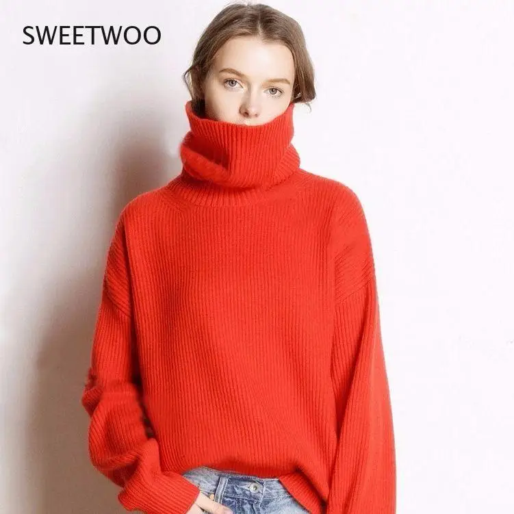 

Autumn Winter Women Knited Turtleneck Cashmere Sweater Red Thick Pullover Fashionable Warm Knitwear Long Sleeve Loose Top