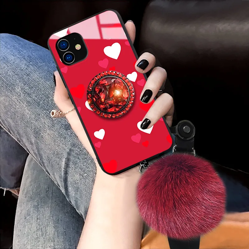Чехол для iPhone 11 Pro Max X XR XS 5 5S SE 6 6S 7 8 Plus закаленное стекло натуральный шарик из меха