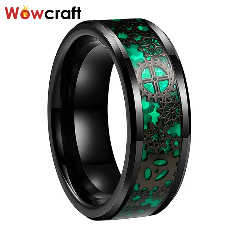 6/8mm Tungsten Black Rings for Men Women Wedding Bands Green Opal Gear Inlay Comfort Fit