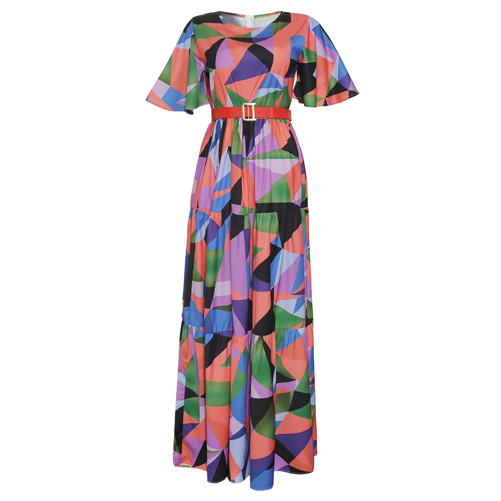 2021 Spring Summer Women's Dress African Print Boho Long Dresses Muslim dresses  Elegant Short Sleeve Chiffon Robe With belt
