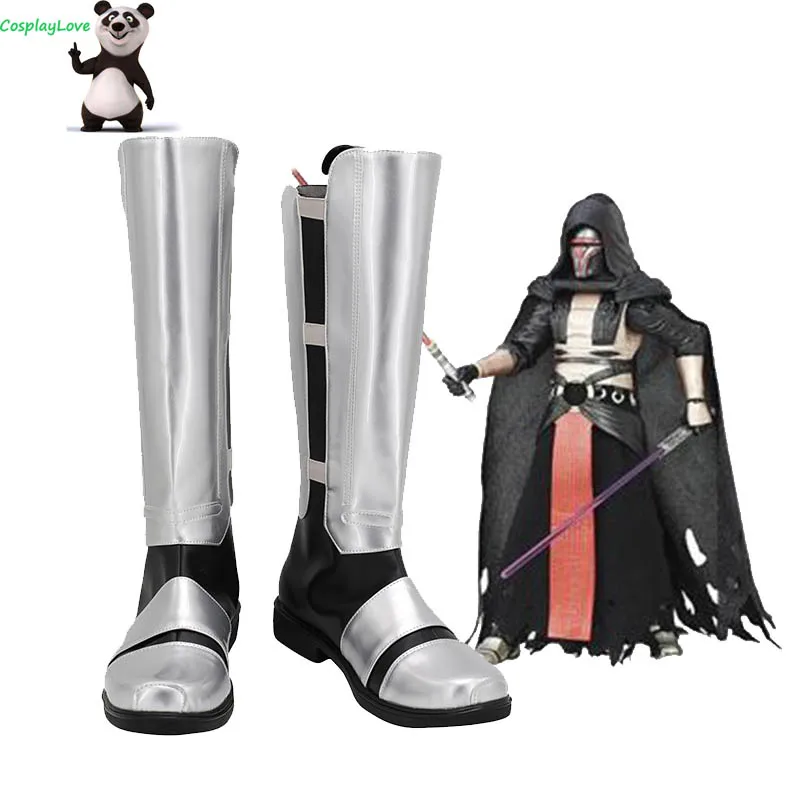 Movie SW Old Republic Sith Lord Darth Revan Silver Shoes Cosplay Long Boots Leather Custom Made