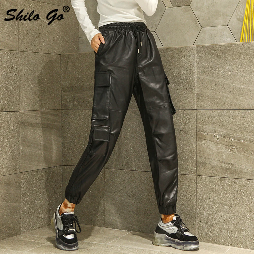 

Safari Style High Waist Harem Pants Womens Winter Pockets Detail Genuine Leather Pants Black Solid Sheepskin Trousers Female