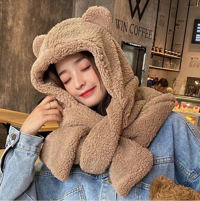 

Kim Jennie Wears A Cute Bear Ear Hat Scarf All-in-one Gloves For The Women's Autumn/winter Warm Two-piece Set