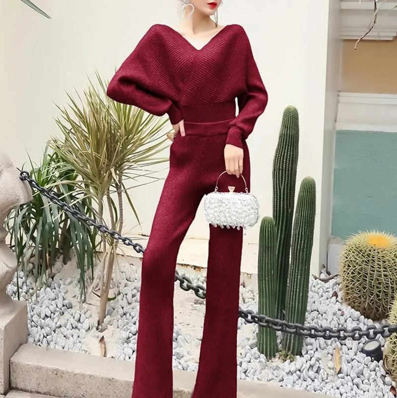 

Womens Outfits Knitted Two Piece Set Women V Neck Sweater Tops + Wide-leg pants knitted suit 2 Piece Sets