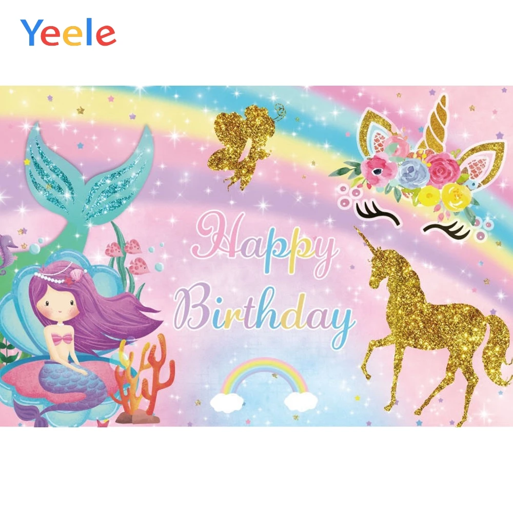 

Rainbow Gold Unicorn Mermaid Angel Princess 1st Birthday Party Backdrop Customized Vinyl Photography Background For Photo Studio