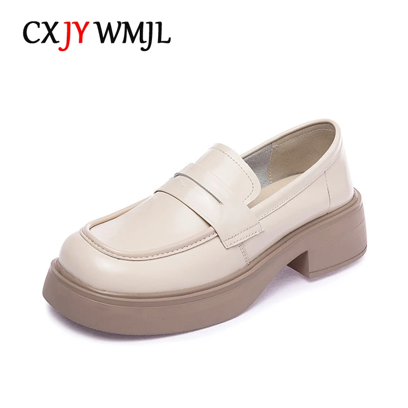 

Лоферы CXJYWMJL из воловьей кожи для женщин, повседневные весенние туфли из натуральной кожи на толстой подошве, в британском стиле, лакированн...