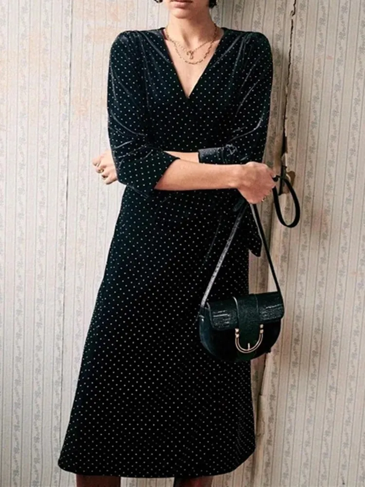 

2021 New Women Warp Midi Dress Lady V-Neck Silk Velet Dot Print Female Waist Lace-up Three Quarter Sleeve Long Dresses