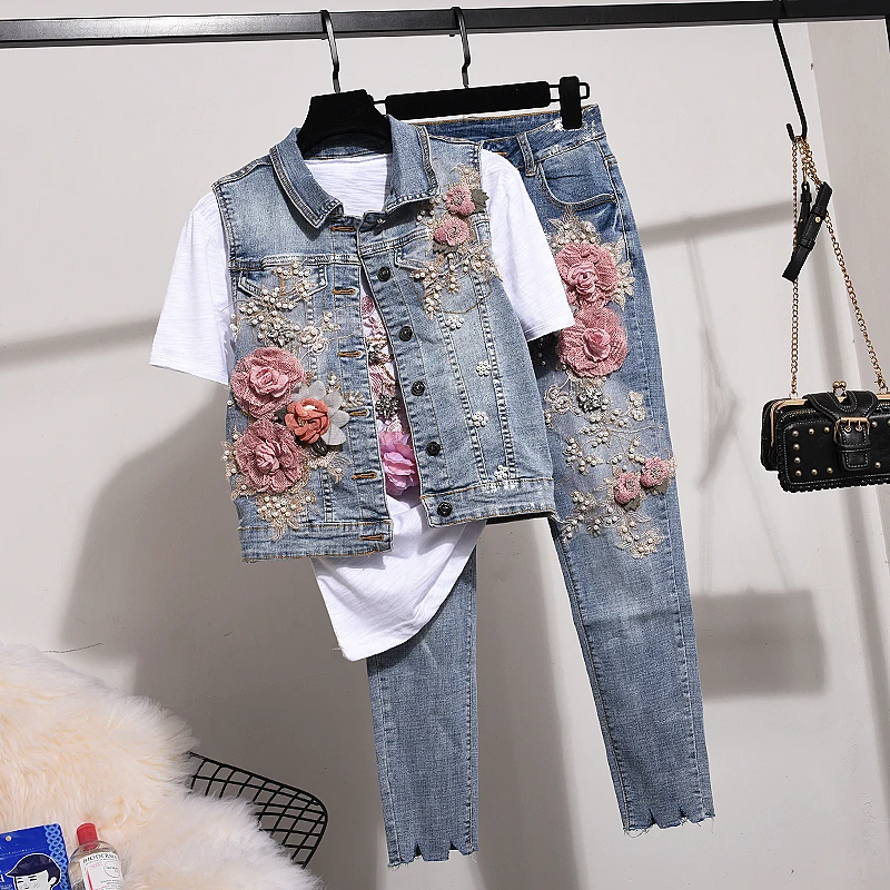 

Женский комплект из двух предметов, трехмерный жилет в стиле ретро с цветочным принтом + джинсы-стрейч, облегающий жилет + джинсы